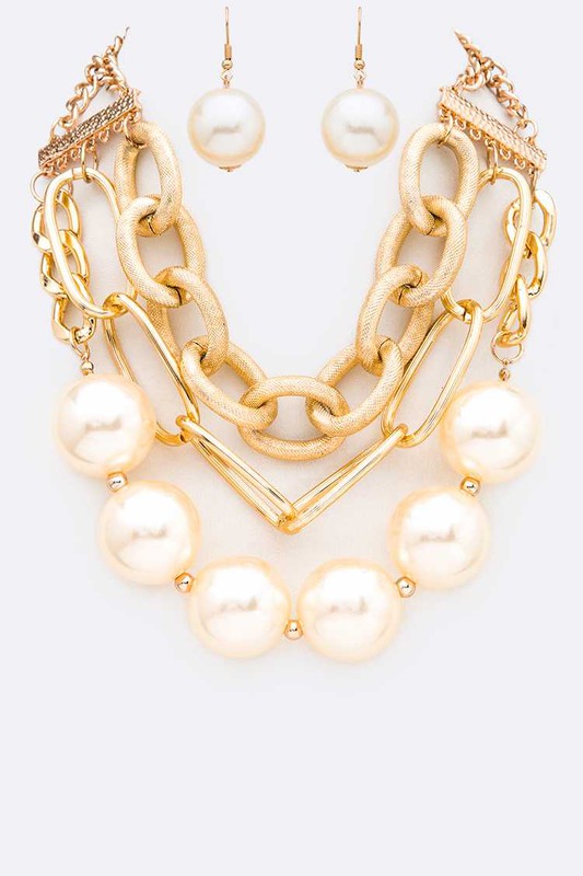 Oversized Pearls Chain Layered Necklace and Earrings Set LA Jewelry Plaza