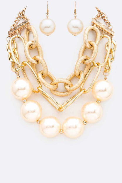 Oversized Pearls Chain Layered Necklace and Earrings Set LA Jewelry Plaza