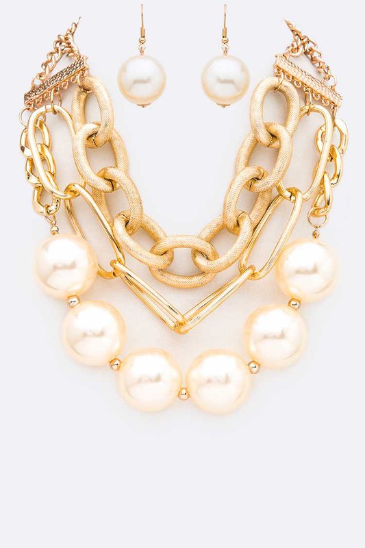 Oversized Pearls Chain Layered Statement Necklace and Earrings Set