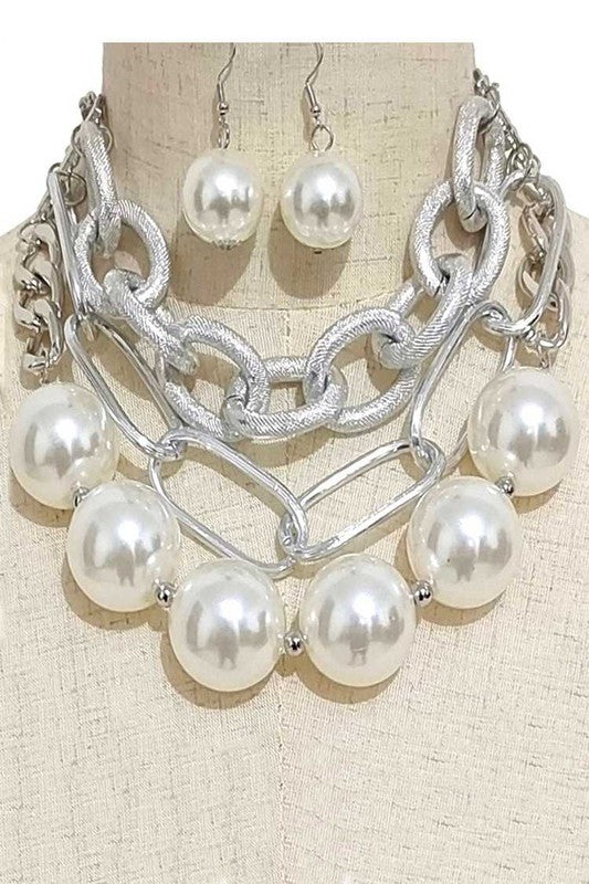 Oversized Pearls Chain Layered Statement Necklace and Earrings Set