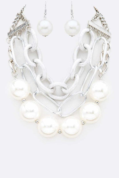 Oversized Pearls Chain Layered Necklace and Earrings Set LA Jewelry Plaza
