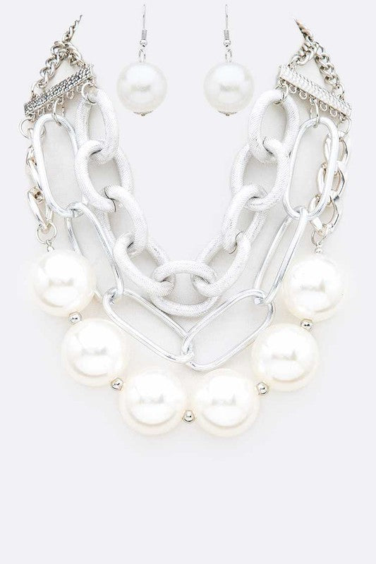 Oversized Pearls Chain Layered Statement Necklace and Earrings Set