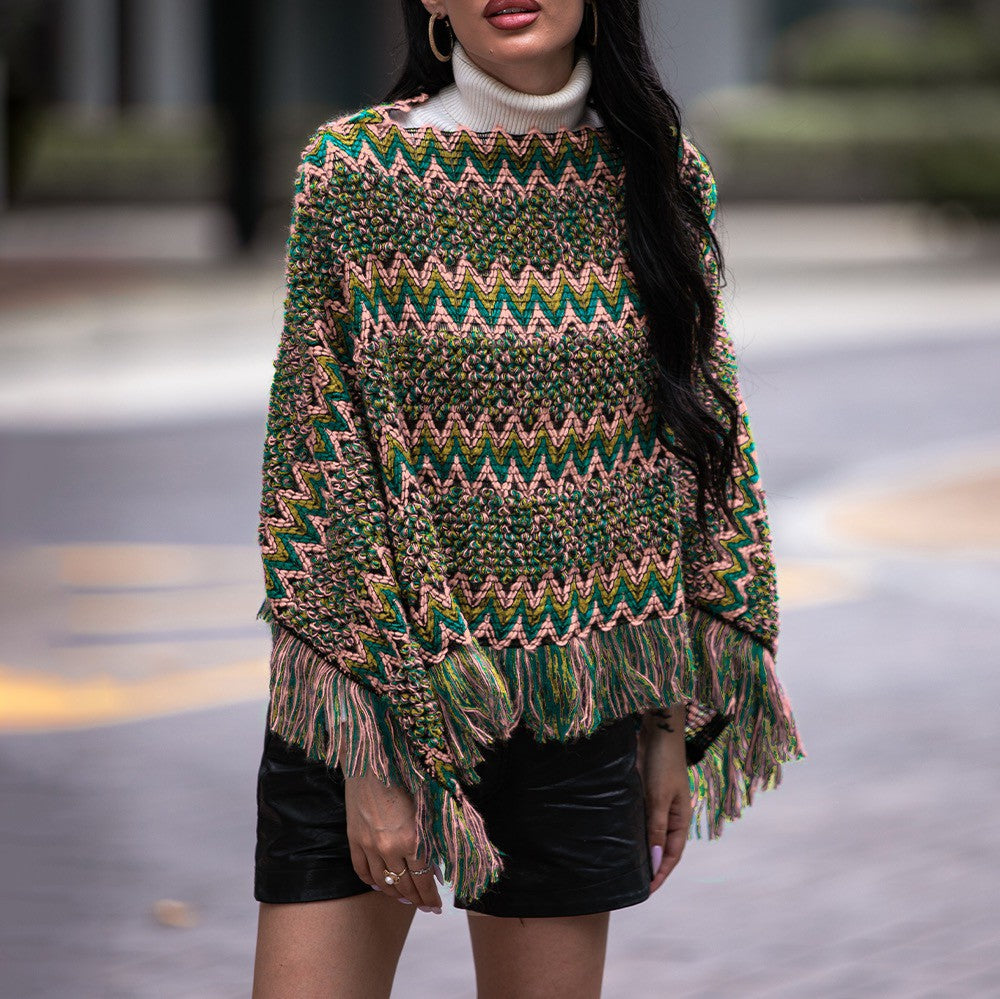 Bohemian Ethnic Green Fringed Batwing Sleeve Poncho