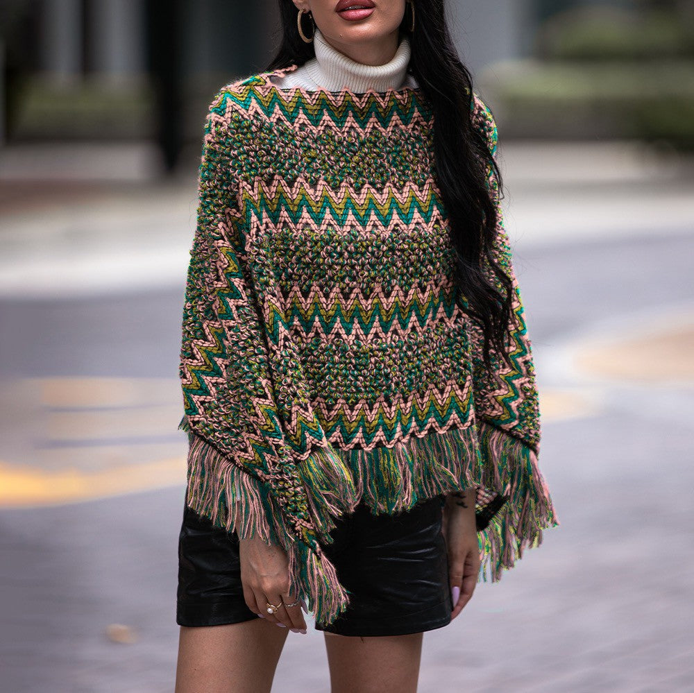 Bohemian Ethnic Green Fringed Batwing Sleeve Poncho Hope Horizon