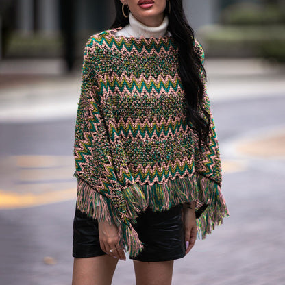 Bohemian Ethnic Green Fringed Batwing Sleeve Poncho Hope Horizon