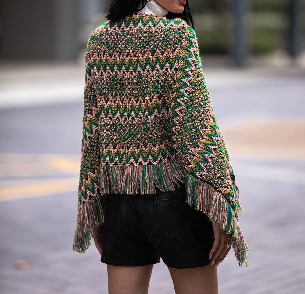 Bohemian Ethnic Green Fringed Batwing Sleeve Poncho