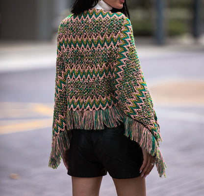 Bohemian Ethnic Green Fringed Batwing Sleeve Poncho Hope Horizon