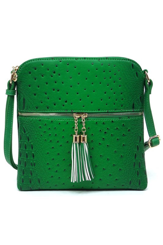 Ostrich Croc Zip Tassel Crossbody Bag Fashion World