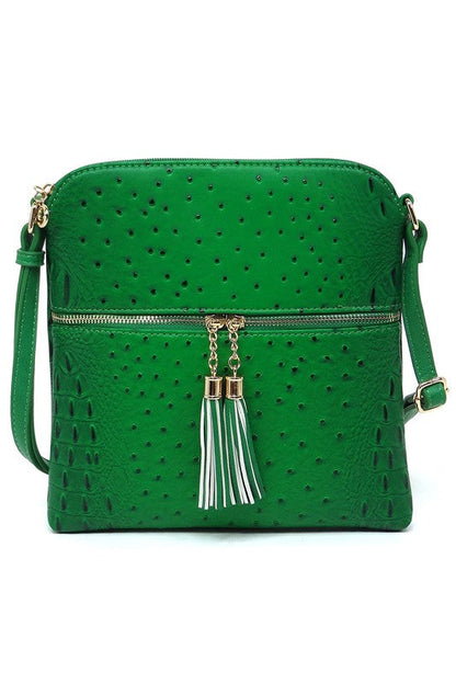 Ostrich Croc Zip Tassel Crossbody Bag Fashion World
