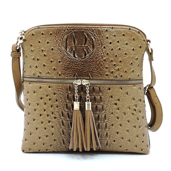 Ostrich Croc Zip Tassel Crossbody Bag Fashion World