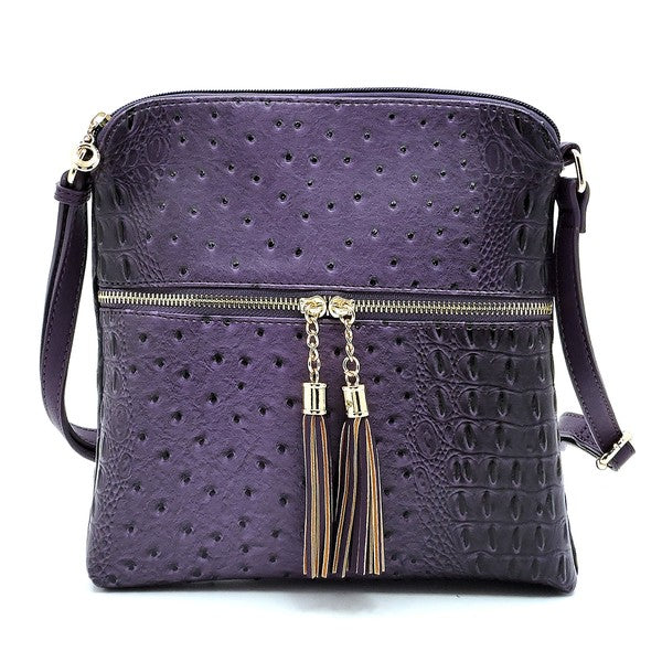 Ostrich Croc Zip Tassel Crossbody Bag Fashion World
