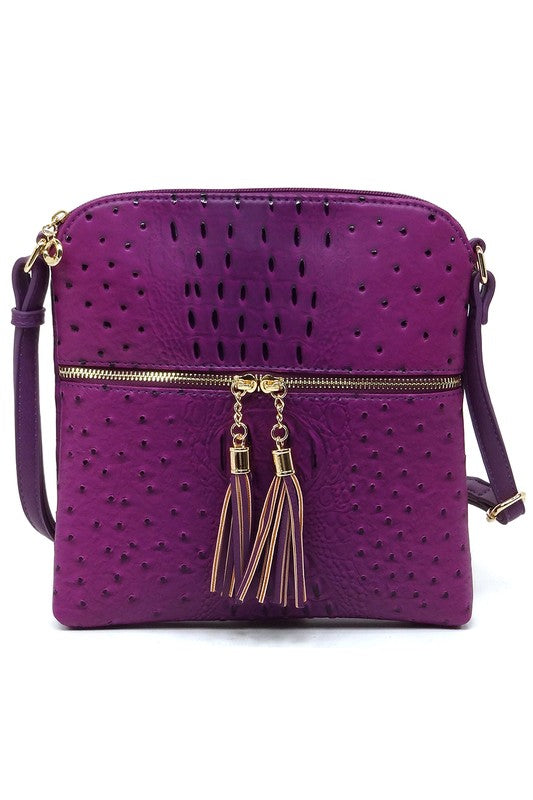 Ostrich Croc Zip Tassel Crossbody Bag Fashion World