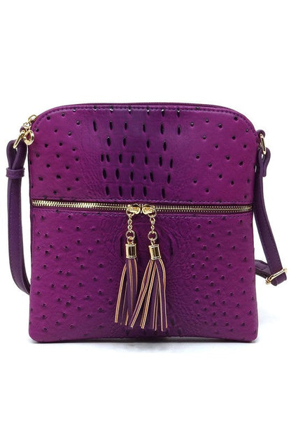 Ostrich Croc Zip Tassel Crossbody Bag Fashion World