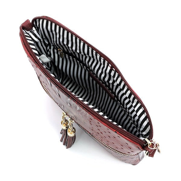 Ostrich Croc Zip Tassel Crossbody Bag Fashion World
