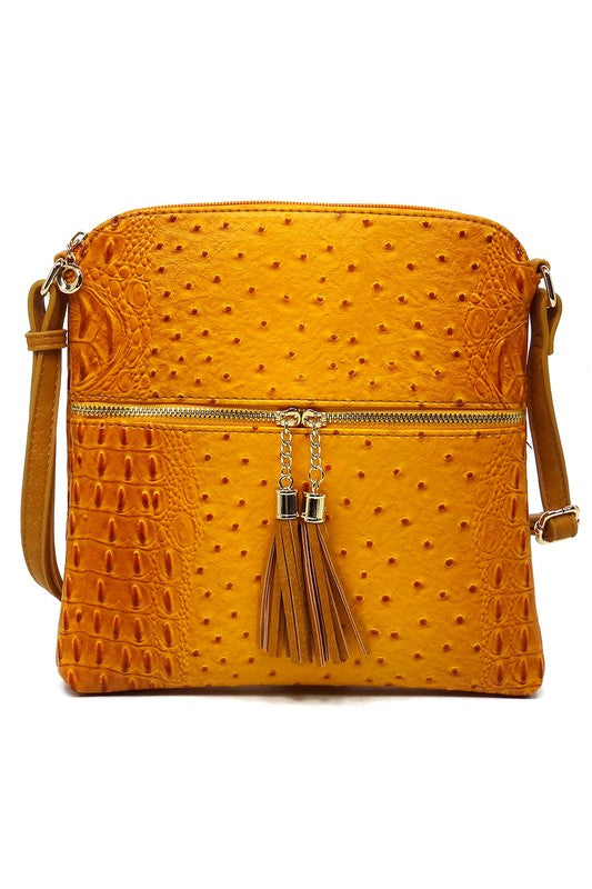 Ostrich Croc Zip Tassel Crossbody Bag Fashion World