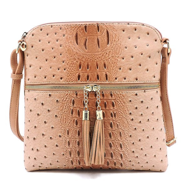 Ostrich Croc Zip Tassel Crossbody Bag Fashion World