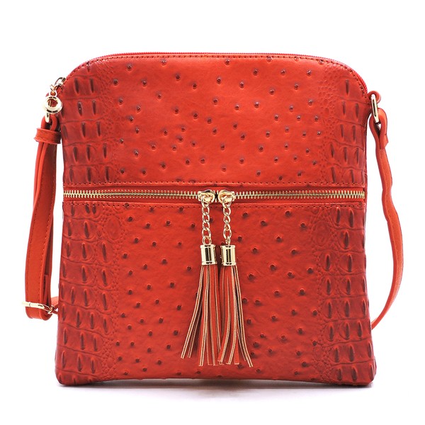 Ostrich Croc Zip Tassel Crossbody Bag Fashion World