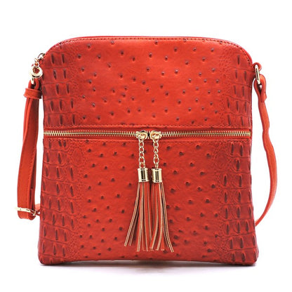 Ostrich Croc Zip Tassel Crossbody Bag Fashion World