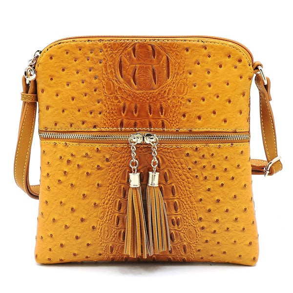 Ostrich Croc Zip Tassel Crossbody Bag Fashion World