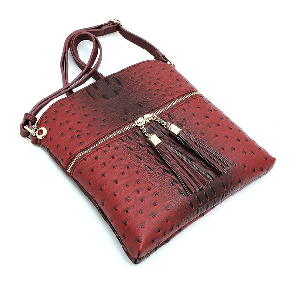 Ostrich Croc Zip Tassel Crossbody Bag Fashion World