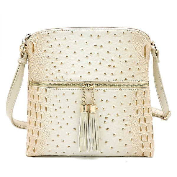 Ostrich Croc Zip Tassel Crossbody Bag Fashion World