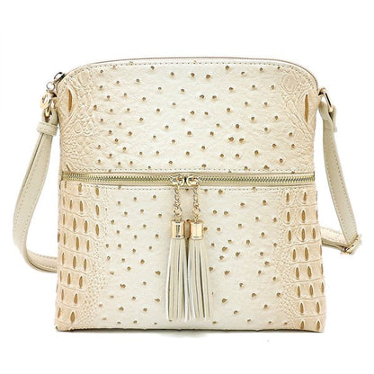 Ostrich Croc Zip Tassel Crossbody Bag Fashion World