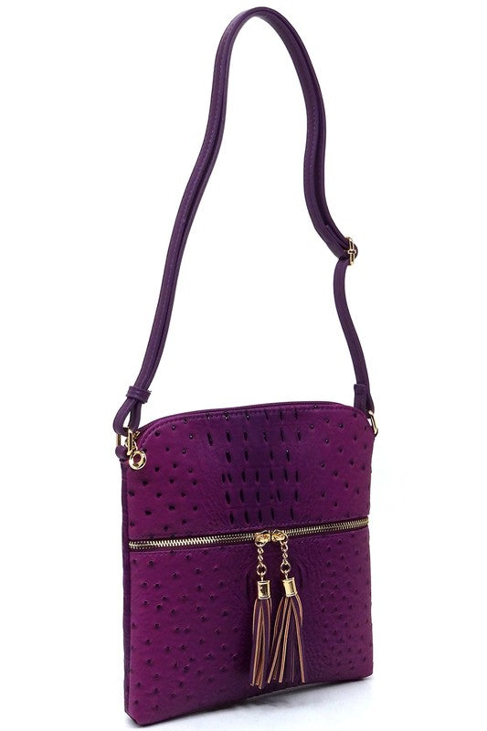 Ostrich Croc Zip Tassel Crossbody Bag Fashion World