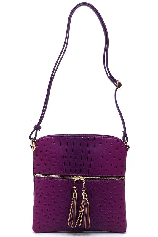 Ostrich Croc Zip Tassel Crossbody Bag Fashion World