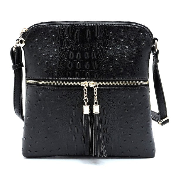 Ostrich Croc Zip Tassel Crossbody Bag Fashion World
