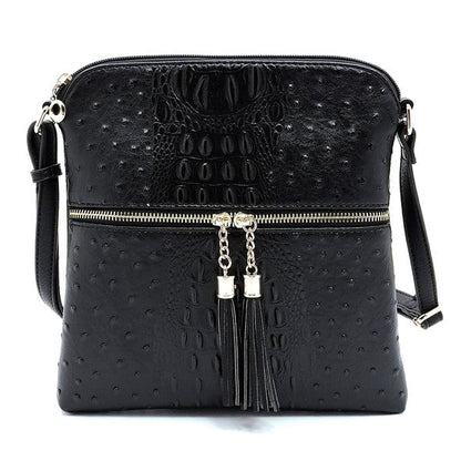 Ostrich Croc Zip Tassel Crossbody Bag Fashion World