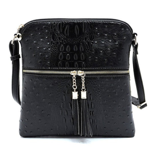 Ostrich Croc Zip Tassel Crossbody Bag Fashion World