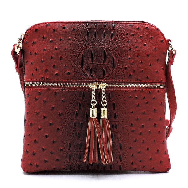 Ostrich Croc Zip Tassel Crossbody Bag Fashion World