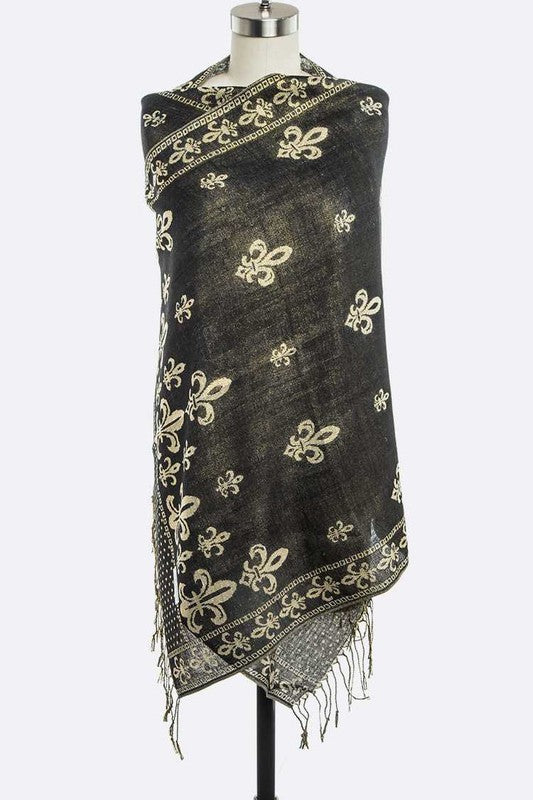 Fleur De Lis Print Large Shawl 100% Pashmina Wool Artini Accessories