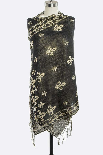 Fleur De Lis Print Large Shawl 100% Pashmina Wool Artini Accessories