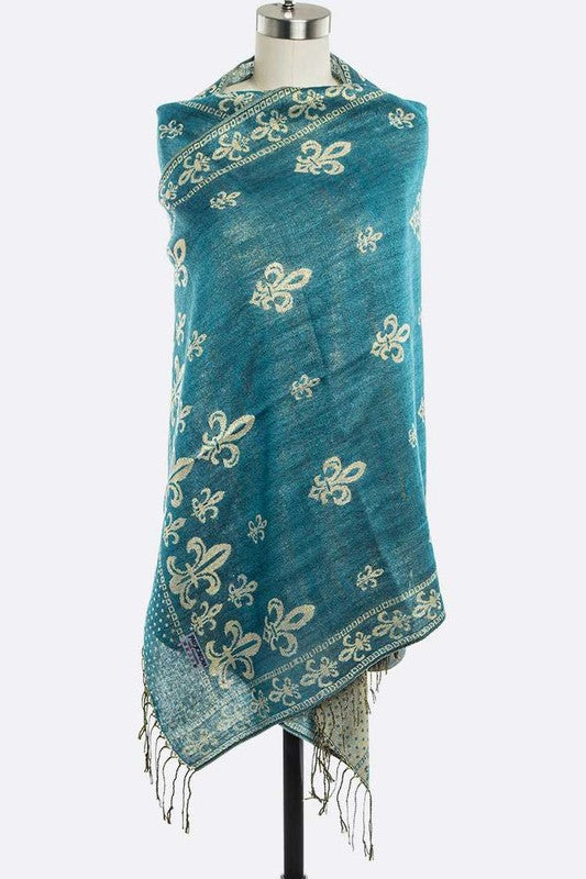 Fleur De Lis Print Large Shawl 100% Pashmina Wool Artini Accessories