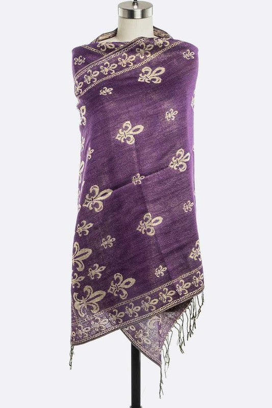 Fleur De Lis Print Large Shawl 100% Pashmina Wool