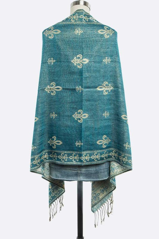 Fleur De Lis Print Large Shawl 100% Pashmina Wool Artini Accessories