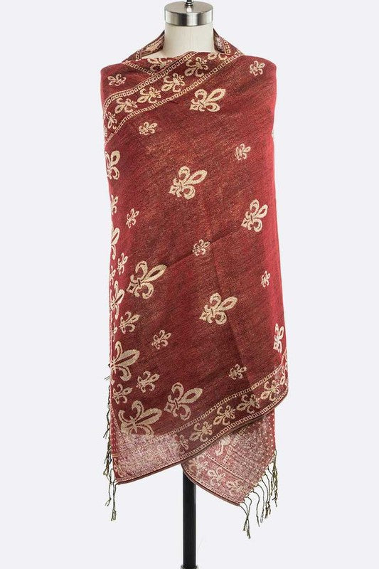 Fleur De Lis Print Large Shawl 100% Pashmina Wool Artini Accessories