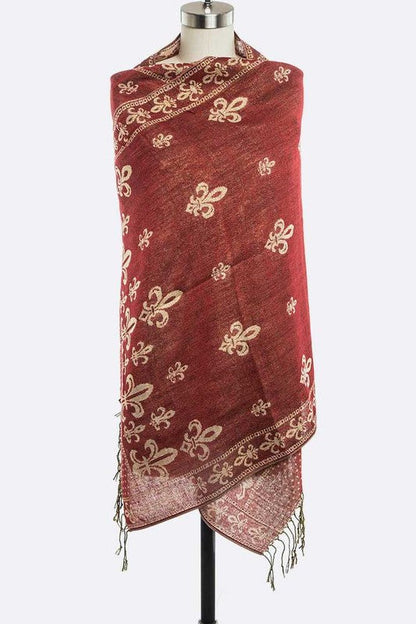 Fleur De Lis Print Large Shawl 100% Pashmina Wool Artini Accessories