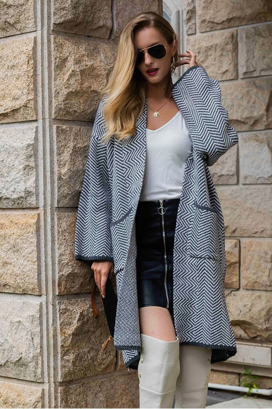 Navy Blue French Herringbone Pattern Cardigan Hope Horizon