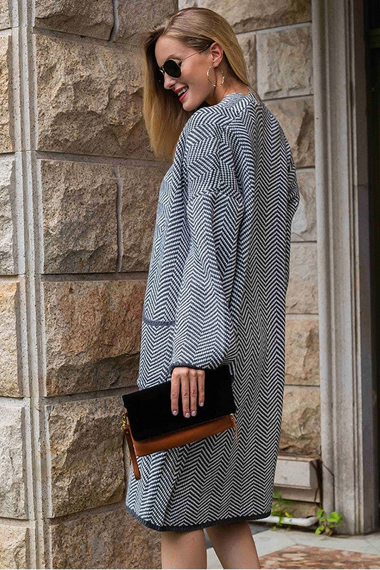 Navy Blue French Herringbone Pattern Cardigan Hope Horizon