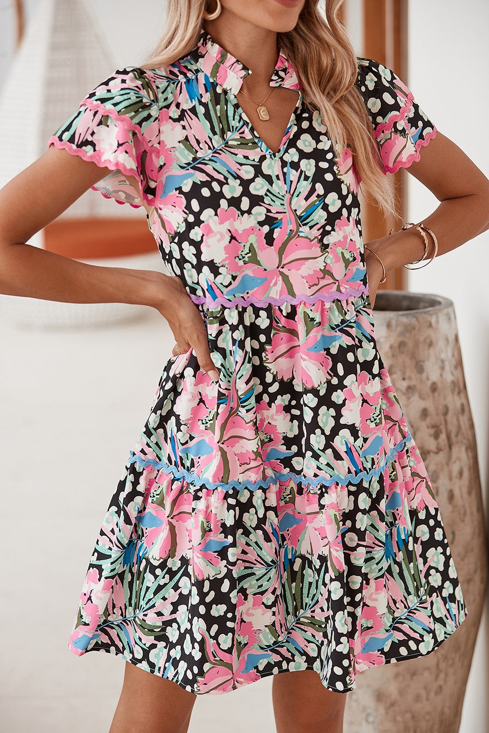 Floral Ricrac Embellished Tiered Mini Dress SHEWIN INC.