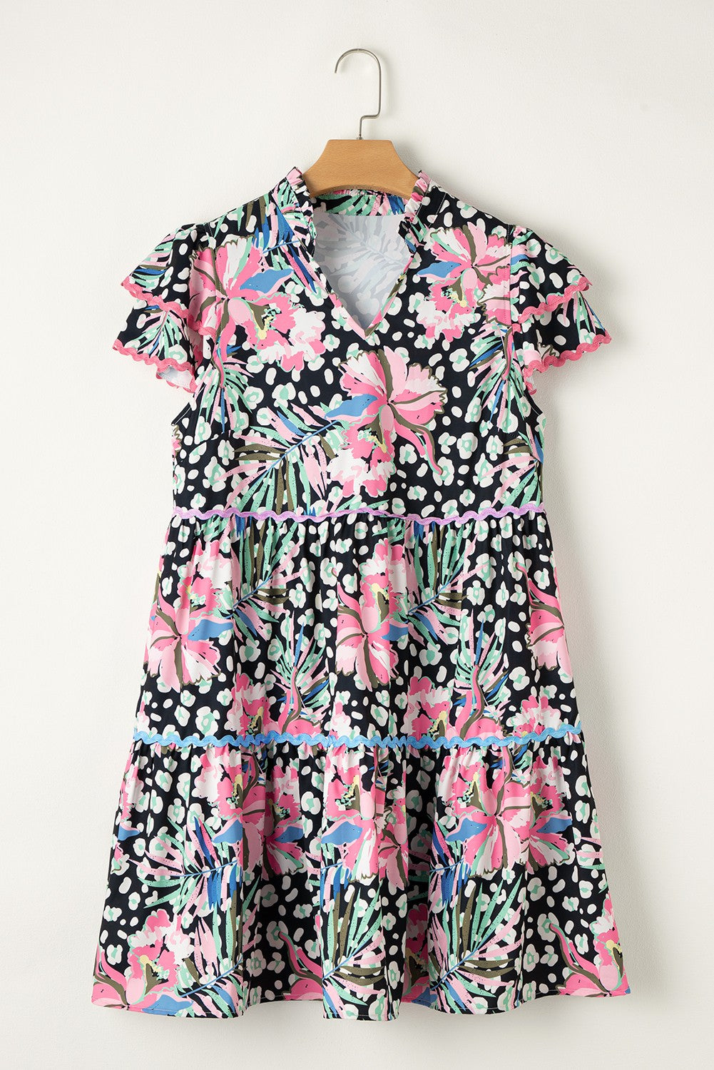 Floral Ricrac Embellished Tiered Mini Dress SHEWIN INC.