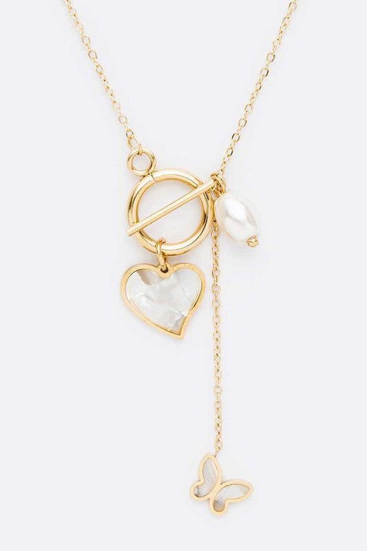 MOP Heart Pearl Butterfly Mix Charm Necklace 14K Gold Plated