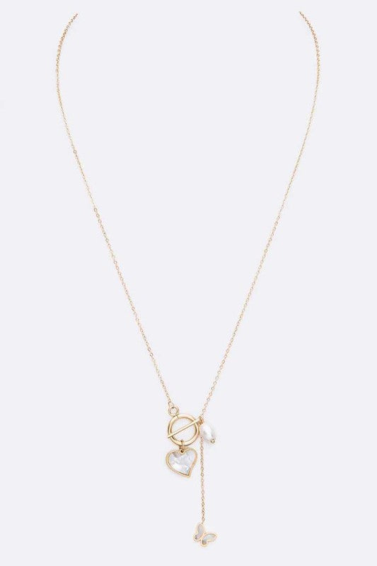 MOP Heart Pearl Butterfly Mix Charm Necklace 14K Gold Plated