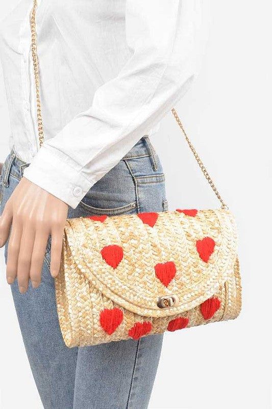 Heart Pattern Straw Convertible Clutch Bag LA Jewelry Plaza