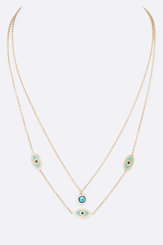 Evil Eye Stainless Steel Layered Fringe Charm Necklace 14K Gold Plated