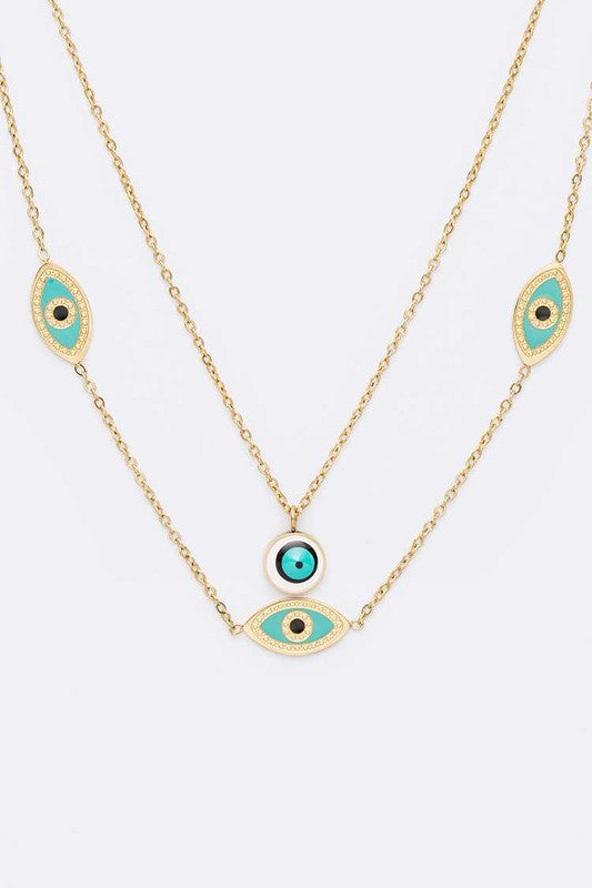 Evil Eye Stainless Steel Layered Fringe Charm Necklace LA Jewelry Plaza