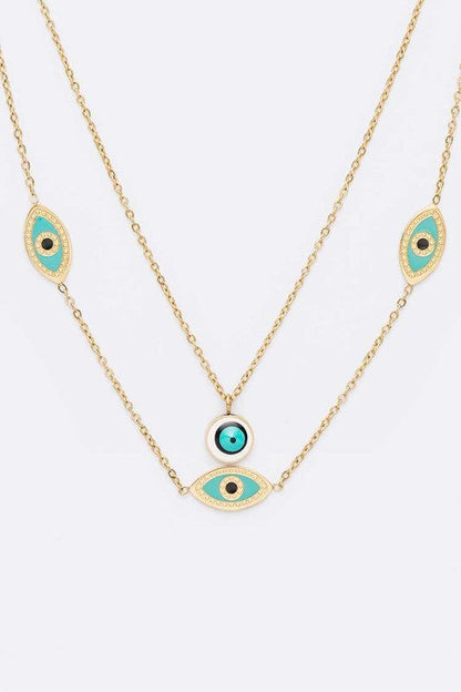 Evil Eye Stainless Steel Layered Fringe Charm Necklace LA Jewelry Plaza