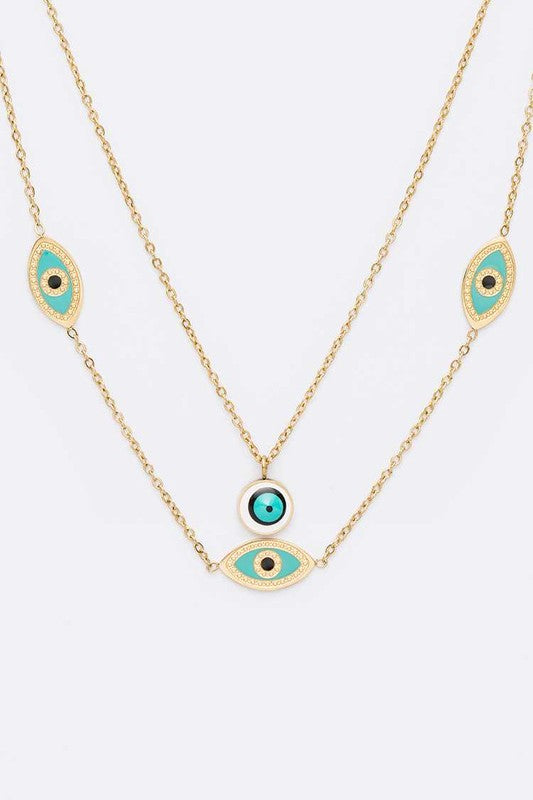 Evil Eye Stainless Steel Layered Fringe Charm Necklace 14K Gold Plated